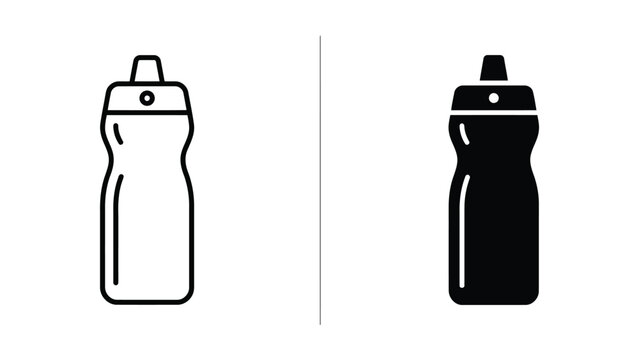 Sport water bottle icon set showing modern hydration vessel in outline and solid black silhouette styles for fitness tracking apps and athletic equipment branding isolated on white background