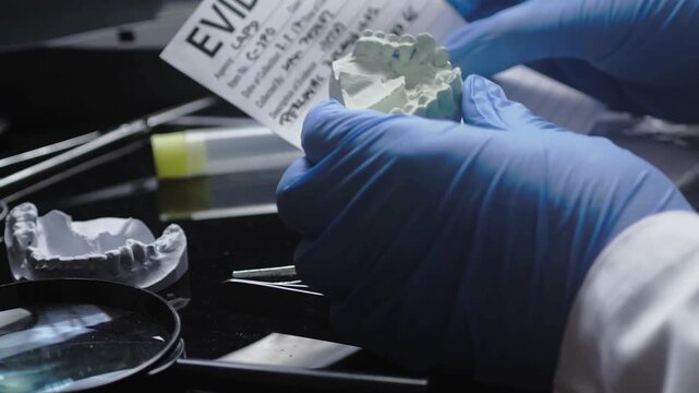 Forensic dental lab technician checks teeth molding evidence report.
