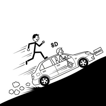 Man running away from crazy driver.