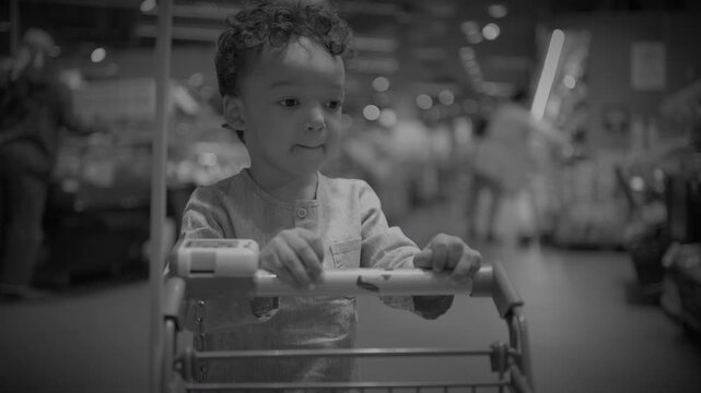 Young child standing in a shopping cart in supermarket aisle, holding handle and looking right