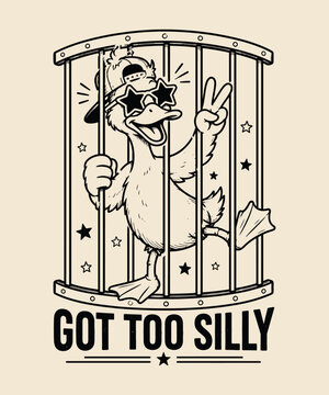 Humorous cartoon duck illustration in a jail cage wearing cool sunglasses and a backwards hat making a peace sign gesture Vintage Retro Tshirt
