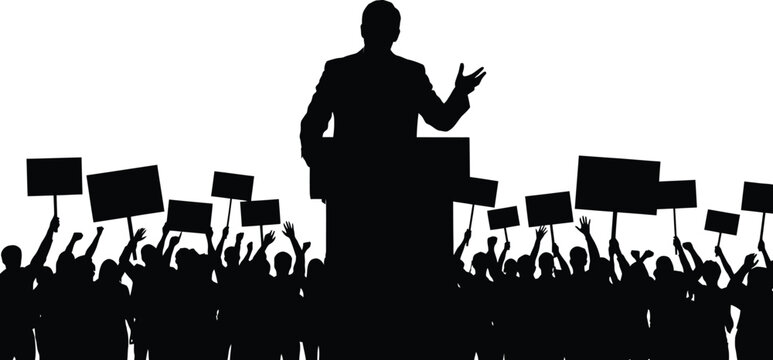 A dark silhouette of a charismatic male politician standing behind a podium while gesturing during a powerful speech to a large crowd holding blank signs.