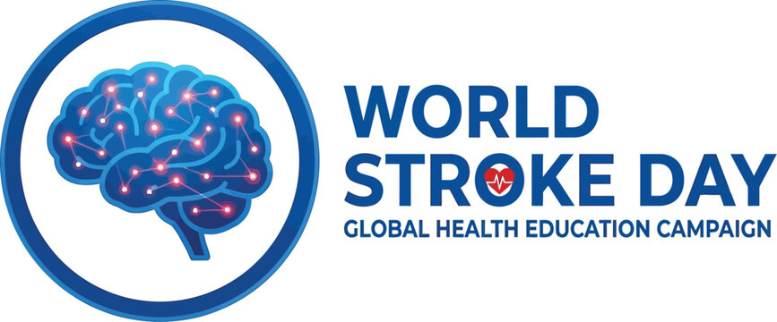 A stylized blue human brain graphic featuring glowing red neural network nodes inside a circular frame for the world stroke day global health education campaign.