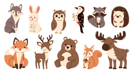Fototapeta premium Cute cartoon woodland animal collection including bear, fox, deer, owl and others. Flat style illustration isolated on white background, perfect for kids design.