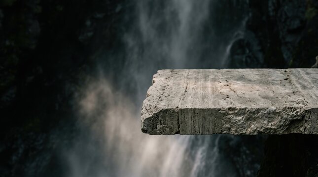 Rough textured concrete slab edge overlooking dark misty waterfall with blurred background perfect for nature themed designs and outdoor concepts