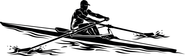 Rowing athlete in a scull boat on water a dynamic black silhouette © nazrul.islam