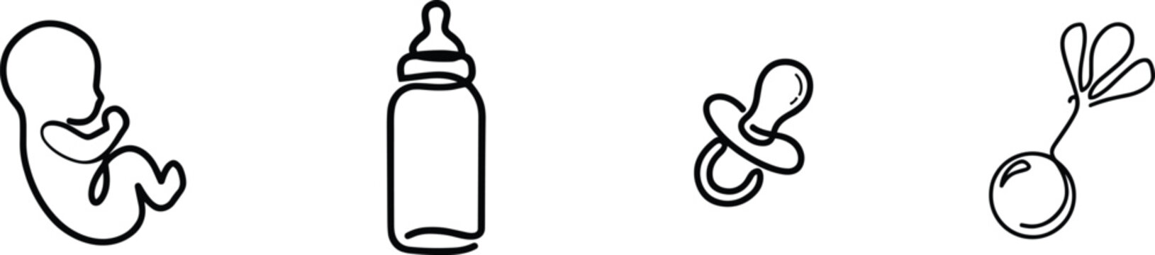 Minimalist newborn baby icon vector set featuring continuous line art lineart symbols of a small fetus embryo milk feeding bottle pacifier soothe and rattle toy