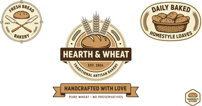 Vintage bakery logo vector badges set featuring rustic artisan hearth wheat bread loaves basket crossed lames and ribbon labels in retro woodcut style