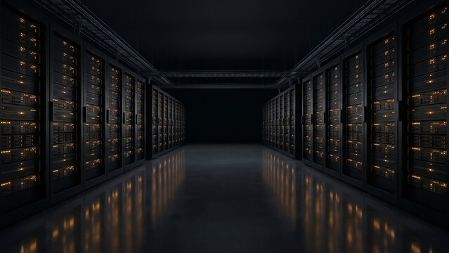 Polished Floor Server Rack Aisle Reflecting Warm Amber Lights Toward Digital Innovation Future Perfect for Technology Advertising Corporate Presentation Banner