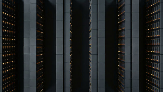 Symmetrical Glowing Server Racks Illuminated by Orange LEDs Powering Innovation Toward Connectivity Perfect for Technology Presentation Banner Advertising