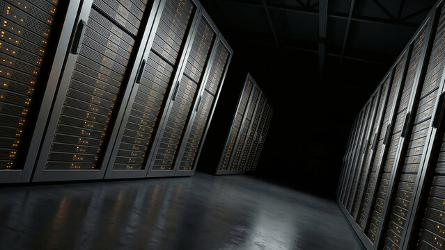 Cinematic Server Room Interior with Reflective Floor Powering Innovation Toward Connectivity Perfect for Technology Presentation Advertising Banner Background
