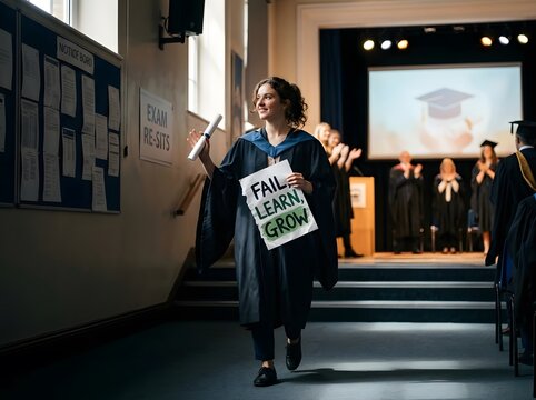 A female university student in black and blue graduation gown walks through a hall holding a rolled diploma and a sign reading FAIL, LEARN, GROW during a commencement ceremony.