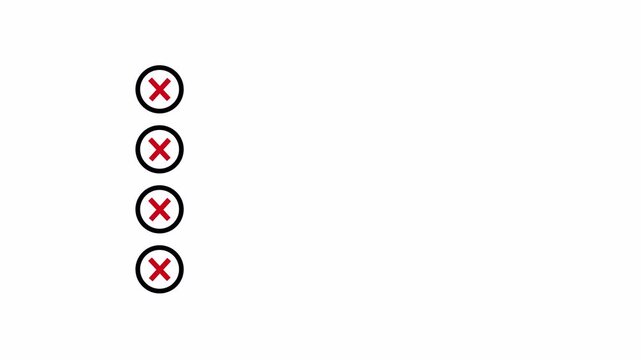 Rejected checklist animation with red cross marks on transparent background showing task failure, error and disapproval concept for business workflow, UI and productivity videos in 4K Animation