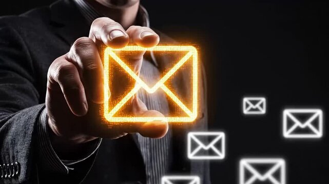 Man in suit holds glowing email icon surrounded by floating envelopes