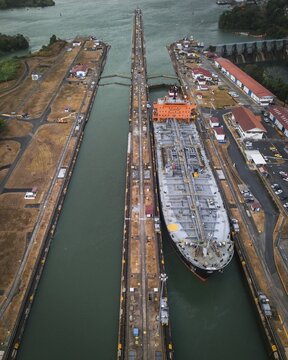 Aerial view, cargo ship at the lock in the Panama Canal from above, Mirador Miraflores, Panama
