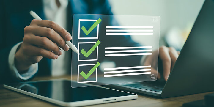 Person's hands using a stylus to fill out a digital checklist on a tablet with a laptop in background