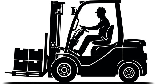 Forklift operator driving with loaded pallets in a black silhouette illustration