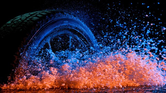 A tire splashes water as it interacts with a wet surface, showcasing powerful traction and performance. Ideal for automotive, transportation, and vehicle marketing materials.