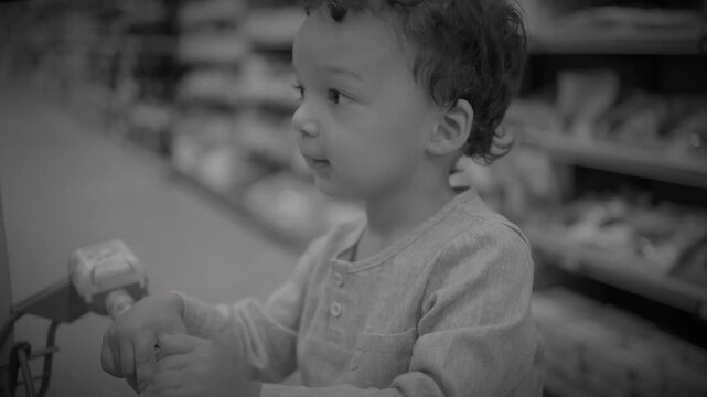 Close-up of young child with curly hair in softly lit supermarket aisle