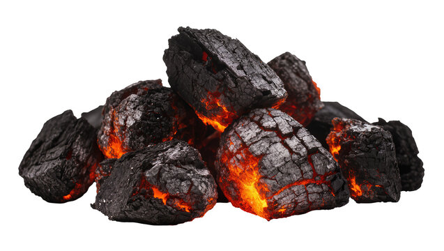 Glowing hot embers and charcoal pieces pile
