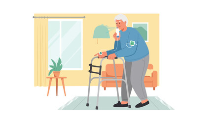 Fototapeta premium Elderly person using inhaler and walker in home environment, health concept