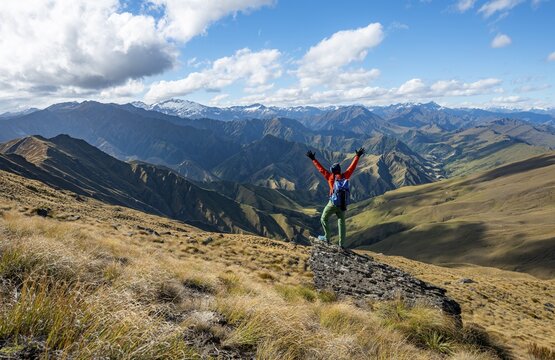 Hiker stretches out his arms in the air, hiking trail to Ben Lomond, views of mountains, Southern Alps, Otago, South Island, New Zealand