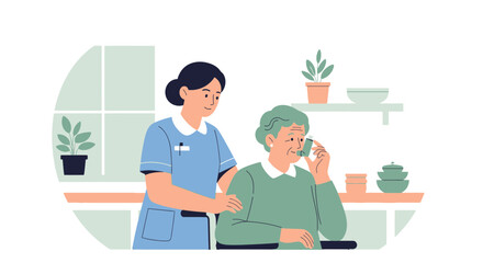 Fototapeta premium Nurse assisting elderly woman with inhaler, home care, medical support illustration