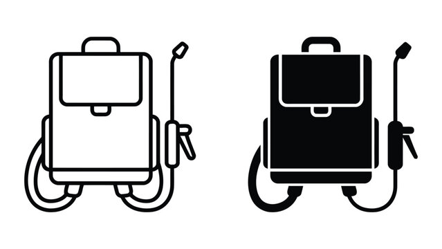Backpack sprayer vector icon set for agricultural pest control and garden maintenance featuring outline and solid glyph styles on white background