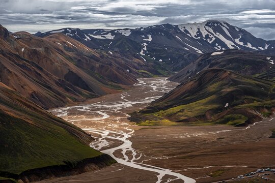 Landscape panorama, Dramatic volcanic landscape, Colourful erosion landscape with mountains, Lava field, Landmannalaugar, Fjallabak nature reserve, Su&eth;urland, Iceland