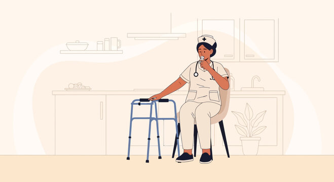 Nurse with walker in kitchen, caring for elderly patient, illustration flat design