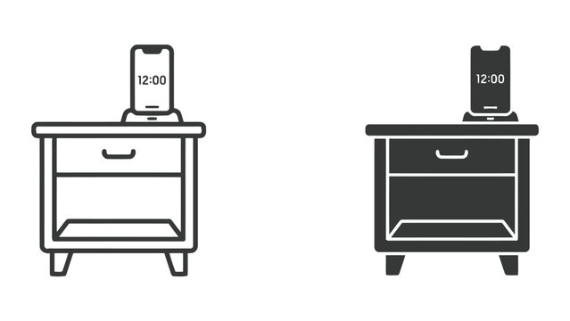 Modern bedside table with smartphone displaying time in outline and solid fill vector graphics on a white background