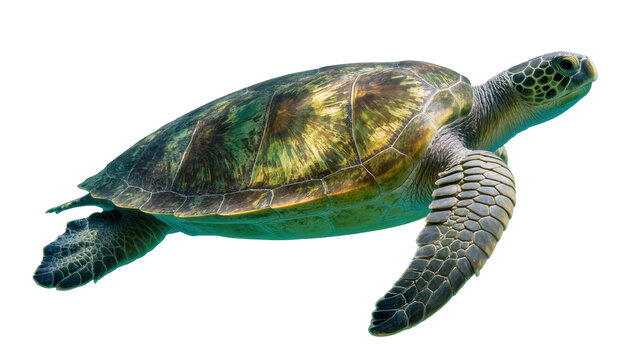 Green sea turtle swimming with patterned shell and flippers