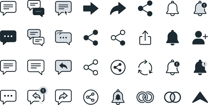 Social media communication icons set with chat bubbles share nodes notification bells and message interface elements vector
