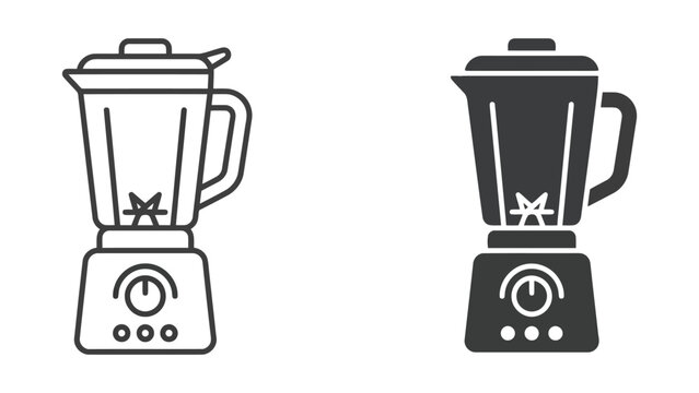 Kitchen blender icon set featuring outline and solid black graphic styles for smoothie maker and food processor appliance branding
