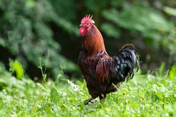 Kogut na trawie pilnujacy kur © pinus25