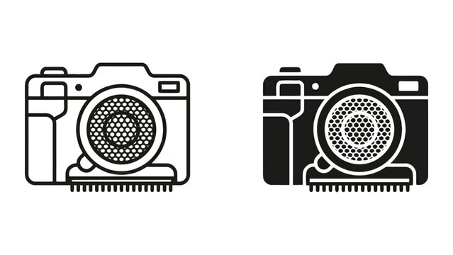 Advanced professional camera vector icons with texture detailing in outline and solid styles for high-end photography gear and creative media