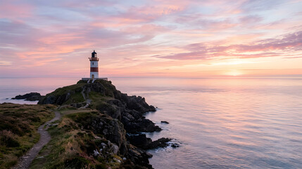Fototapeta premium Beautiful Lighthouse on Rocky Cliff Coastline at Sunset, Picturesque Sea Landscape with Red and White Beacon Tower and Colorful Evening Sky 