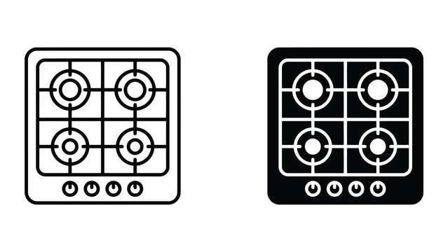 Kitchen gas stove burner icon set with four burners and control knobs in outline and solid black silhouette for appliance design