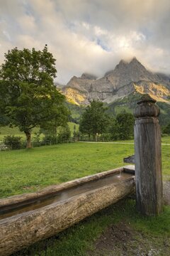 Wooden fountain on the Eng-Alm, Eng-Alm, Karwendel Mountains, Tyrol, Austria