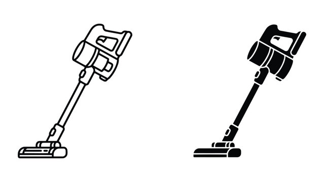 Cordless vacuum cleaner vector icon set featuring outline and solid styles for home appliance and cleaning services branding