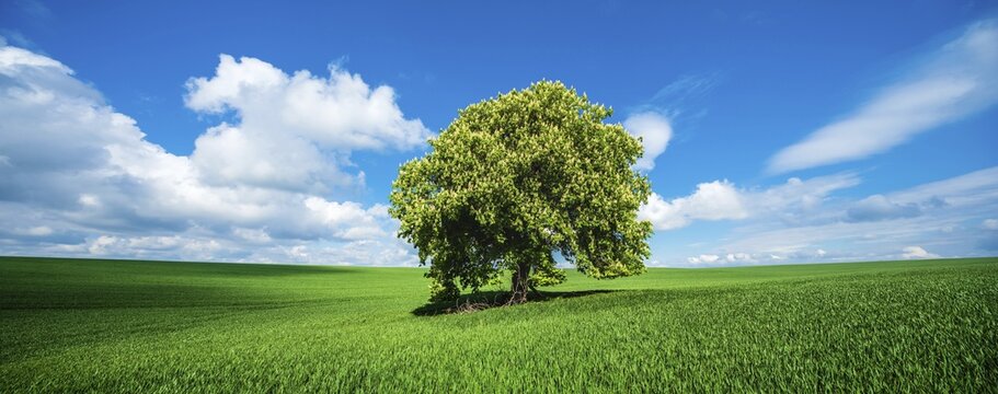 Panorama, Large solitary horse chestnut (Aesculus) in full bloom on a green field in spring, blue sky with cumulus clouds, Saalekreis, Saxony-Anhalt, Germany
