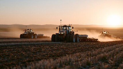Fototapeta premium Wide establishing view of a precision no-till grain operation at golden hour, multiple seeding units working parallel passes across a field of standing stubble, GPS antenna towers