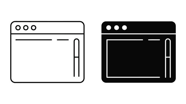 Web browser window icon set for software development and user interface design featuring outline and solid black variations