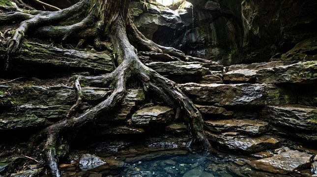 Close-up of massive tree roots growing over layered shale rock formations into a small clear pool of water inside a dark shaded forest cave or mountain grotto with natural lighting.