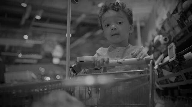 Curly-haired toddler reaching from shopping cart in supermarket aisle