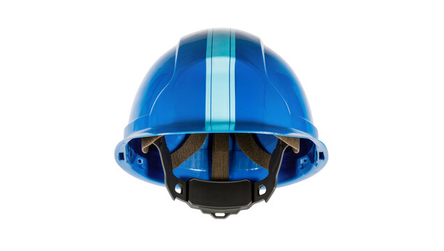 Blue hard hat with internal suspension system and light blue stripes