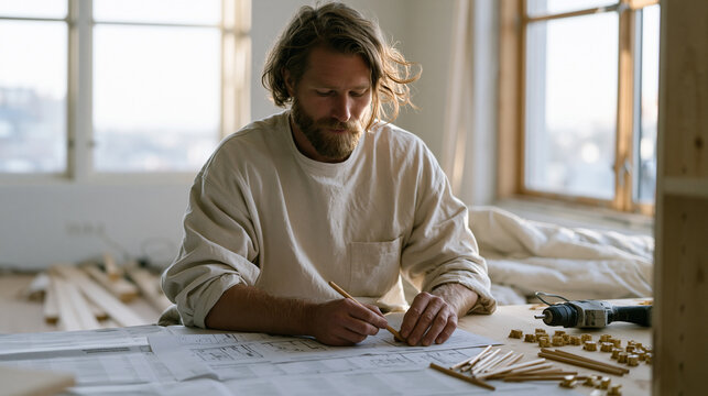 male renter assembling flat-pack bookshelf in minimalist studio apartment, instruction sheet spread on floor, wooden dowels and cam locks sorted into groups, power screwdriver