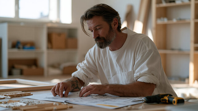 male renter assembling flat-pack bookshelf in minimalist studio apartment, instruction sheet spread on floor, wooden dowels and cam locks sorted into groups, power screwdriver