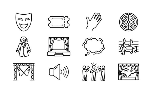 Interactive comedy performances. Line outline icon set of Interactive comedy performances: comedy face mask, theater ticket, audience participation hand, improv game wheel, actor costume, performance