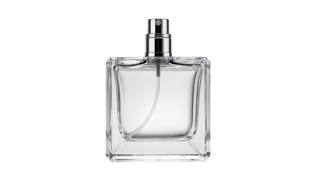 Clear glass perfume bottle with silver spray top